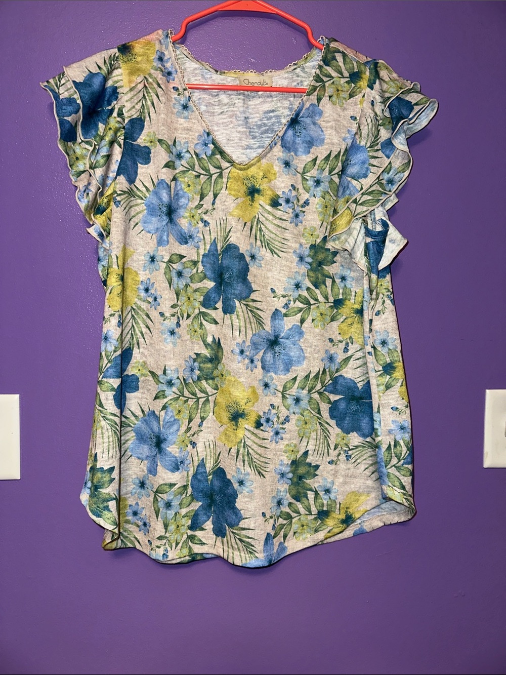 Chenault Floral V-Neck Flutter Sleeve Top - Blue & Green